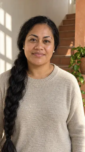 A woman in her late thirties with warm brown skin and a long black braid over her shoulder, pearl earrings and an oatmeal knit sweater, in a sunlit stairwell with terracotta wall and a pothos plant.