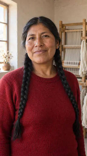 A sturdy woman in her mid forties with warm copper-brown skin and two long thick black braids over her shoulders, in a plain deep red wool sweater in a bright studio with a wooden loom and skeins of undyed wool.