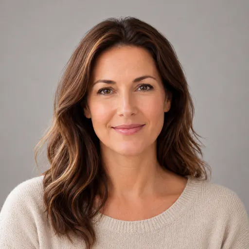 A head-and-shoulders portrait of an adult woman with long wavy brown hair with lighter highlights, hazel-brown eyes and a warm smile, facing the camera with a neutral expression against a plain warm-grey backdrop.