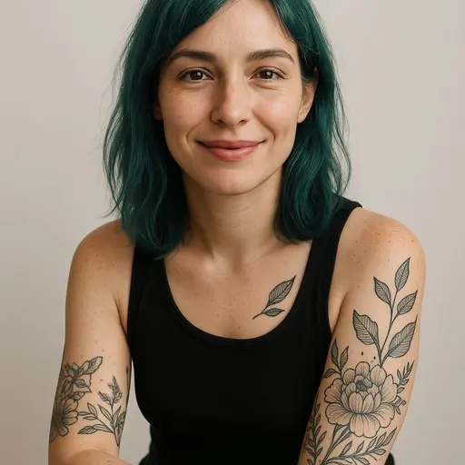 Half-body crop portrait of a smiling alternative-lifestyle woman with teal hair, rose lips and visible black-ink tattoos, radiating confident warmth against a neutral backdrop.