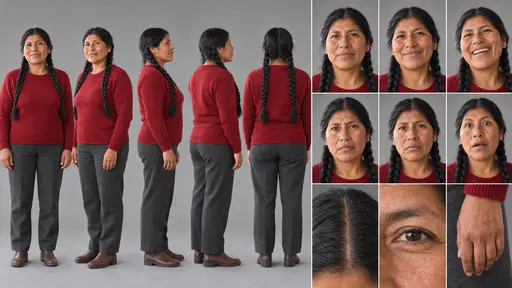 A 16:9 studio character sheet of a woman with two long black braids in a deep red sweater, grey trousers and brown boots, shown in five full-body views, six expressions and three close details.