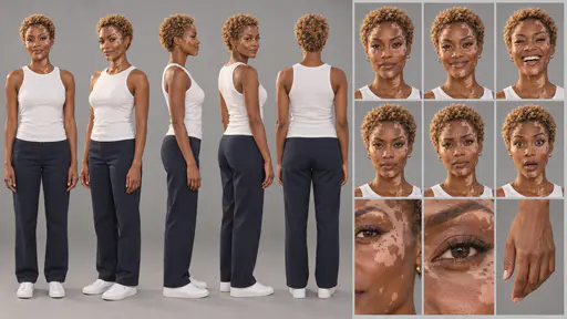 A 16:9 studio character sheet of a Black woman with vitiligo and short honey-blonde curls in a white sleeveless top, navy trousers and white sneakers, shown in five full-body views, six expressions and three close details.