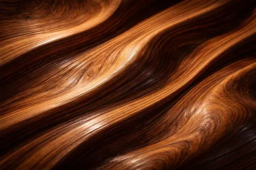 Close-framed abstract wood-grain topography rendered as a warm 3D study for wallpaper or poster use, emphasizing layered striations, highlights and deep shadowing.