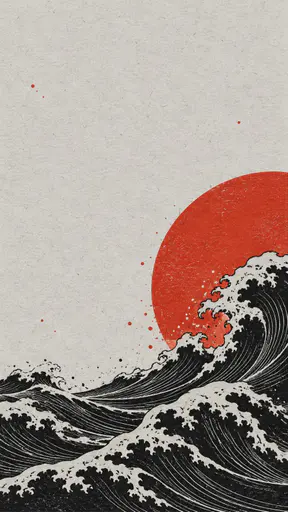 A flat red circle cut off at the right edge above layered black carved wave bands rising in a diagonal with tiny red dots on empty pale grey paper.