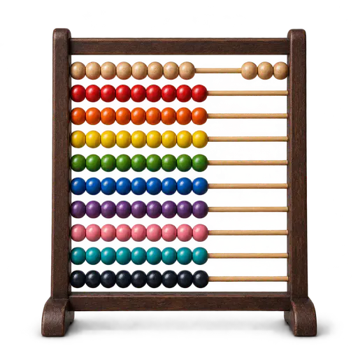 A wooden abacus with a dark frame and rows of coloured beads with three beads slid across on the top row, on a transparent background.