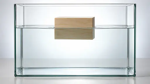 A plain rectangular block of pale wood floats with about a third above the waterline in a tall clear glass tank of water in front of a bright diffused backdrop.