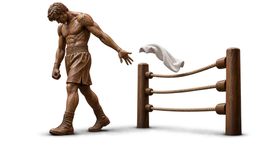 Throwing in the towel: a tired wooden boxer steps away from two ring posts while the white towel he just released tumbles through the air over the ropes, isolated on a transparent background.