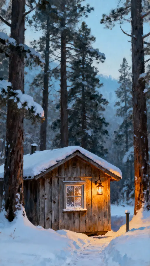 A small wooden cabin sits under fresh snow in a tall pine clearing, bathed in a warm golden light that contrasts with cool blue air and frames a vertical, intimate view.