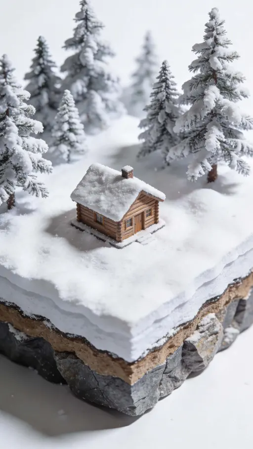 A vertical 9:16 minimalist 3D macro diorama showing a single wooden cabin atop a floating, snow-covered terrain block with frosted pine trees, a clean geometric cutaway revealing underground rock textures, and a tilt-shift miniature feel on