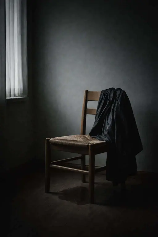 Portrait 2:3 cinematic still-life of a simple wooden chair with a dark raincoat dampened by rain, a small puddle beneath, soft cool window light and muted film grain.