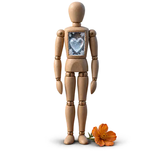 A heart of ice: a rigid wooden artist figure with a clear ice heart sealed inside a chest window, frost on the window edges, a small warm orange flower lying untouched beside the base, isolated on transparency.