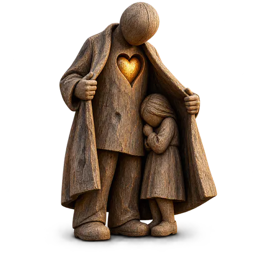 A heart of gold: a weathered wooden figure holds its coat open to shelter a small child, a solid warm gold heart glowing inside a heart-shaped opening in its chest, isolated on transparency.