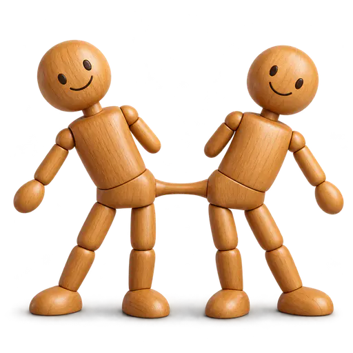 Joined at the hip: two friendly carved wooden figures stand side by side facing forward, fully distinct except for one short smooth bridge joining only their adjacent hip surfaces, leaning gently apart on a transparent background with a soft contact shadow beneath their feet.