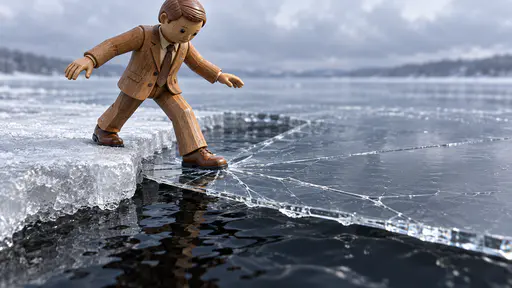 On thin ice: a suited wooden figurine steps onto thin clear ice above dark water, fine cracks spreading directly from its planted shoe with a thicker shelf behind.