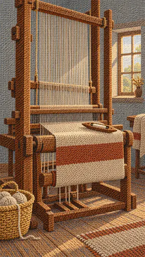 A wooden floor loom holds a plain oatmeal and rust wool cloth growing on the beam with taut warp threads, a shuttle and a basket of undyed yarn in stitched needlepoint.