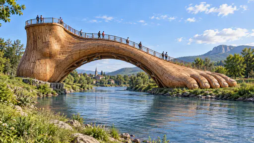 Footbridge: architectural-fantasy photograph of a giant wooden foot bridging a quiet river, heel on the near bank and five toes on the far bank, a railed walkway curving along its arch with small figures crossing, seen from a side three-quarter view in soft daylight.