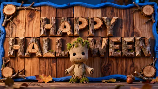 Photo-real 3D render of “HAPPY HALLOWEEN” built from interlocked bark slabs with twig offshoots and a burlap tree-spirit with faux moss, warm wood brown (#8B5A2B), burlap-beige (#D2B48C), mossy green (#6B8E23), deep blue rim (#0B1A3A) andac