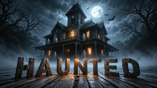 Large weathered wood letters spell HAUNTED across a plank foreground. A dark Victorian mansion with a central tower and warm windows stands behind them, with white sheet ghosts on its porch and balconies. Bats fly near a full moon above blue fog and dark trees.