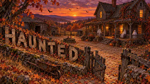Wooden boards form HAUNTED along a farmhouse fence at sunset, with three sheet ghosts on the porch, an open broken gate, rusty wheelbarrow, pumpkins and autumn leaves.