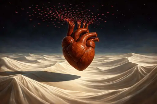 A surreal 3:2 landscape shows a giant polished mahogany heart floating above silk-white dunes as hundreds of tiny red birds pour from its valves into a starry sky.