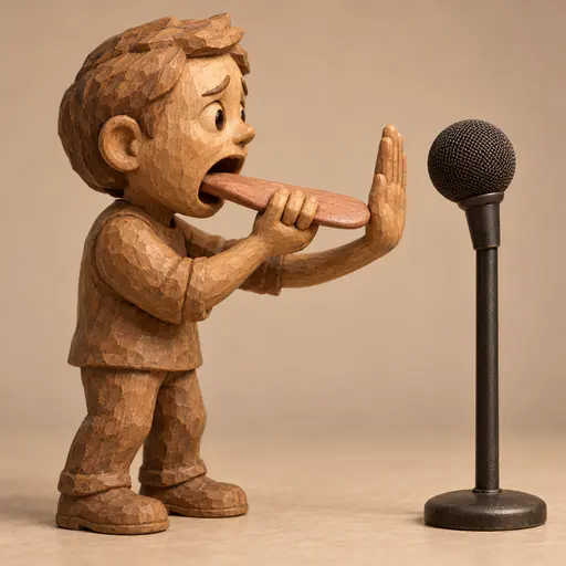 Holding your tongue: a small carved wooden speaker figurine in side view holds its own extended flat wooden tongue between the thumb and forefinger of one hand, the other palm raised in a pause gesture before a tall blank microphone on a slender stand, warm studio light.