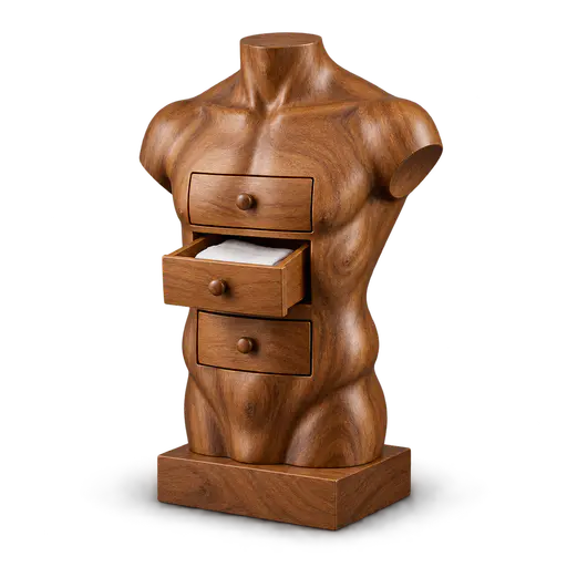 Chest of drawers: a smooth armless wooden torso sculpture with three small drawers built into its chest, the middle drawer open to show a plain folded handkerchief, mounted on a small plinth, isolated on transparency with a soft contact shadow.