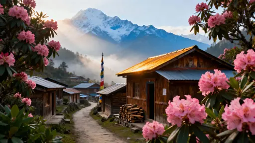 A small wooden village framed by blooming pink rhododendron and misty sunlight, set against snow-capped mountains, with soft ultra-realistic color tones and a serene alpine mood.