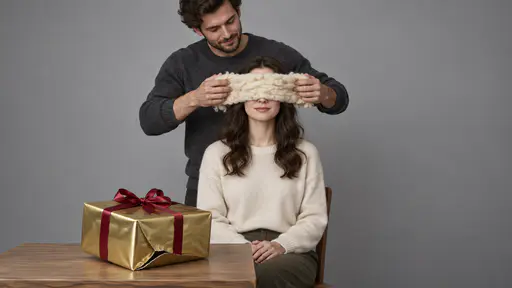 Pulling the wool over someone's eyes: one adult stretches a broad band of raw wool across the eyes of a seated adult while a shiny gift box with a cracked underside sits on a table before them, its flaw facing the camera.
