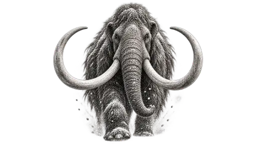 A woolly mammoth with great curved tusks and a shaggy matted coat drawn in fine black and grey ink strides toward the viewer, isolated on a transparent background.