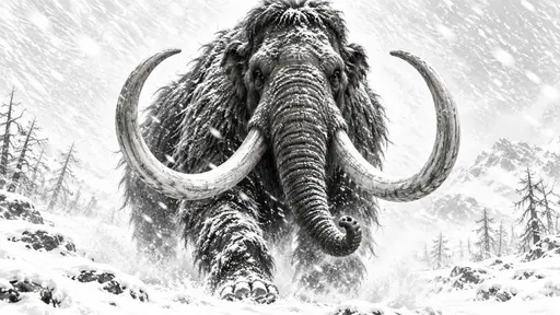A woolly mammoth with great curved tusks and a shaggy matted coat strides toward the viewer through a driving snowstorm drawn in fine black and grey ink on white paper.