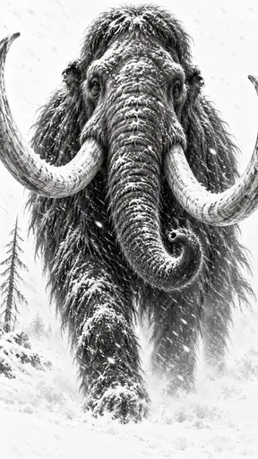A woolly mammoth with great curved tusks and a shaggy matted coat strides toward the viewer through a driving snowstorm drawn in fine black and grey ink on white paper.