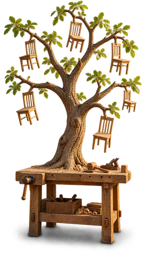 Bearing fruit: a living tree growing from a workbench trunk, its upper branches carrying small finished wooden chairs instead of fruit, one new chair hanging directly above the workbench tools, isolated on transparency.