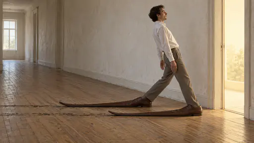 Dragging your feet: an office worker leans reluctantly backward mid-step while two extremely long soft shoes trail behind, scraping twin tracks across the corridor floor toward an open doorway.