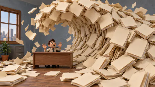 Drowning in work: a small clay office worker sits behind a plain desk while a towering wave made entirely of blank folders curls over, face and raised palms visible in the gap beneath the paper crest.
