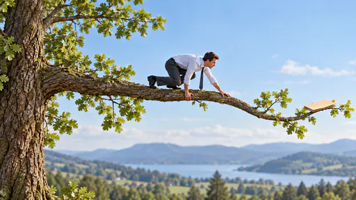 Going out on a limb: a worker in office clothes inches along a long tree branch toward a folder near its slender bending tip, thick trunk behind on the left.