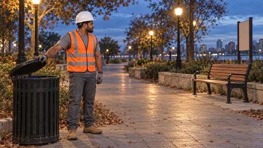 A broad strong man with brown skin and a short black beard in a white hard hat and orange vest pauses beside an emptied litter bin with one hand on its lid looking along a park path toward a repaired bench as warm lamps come on under a deep blue dusk sky.
