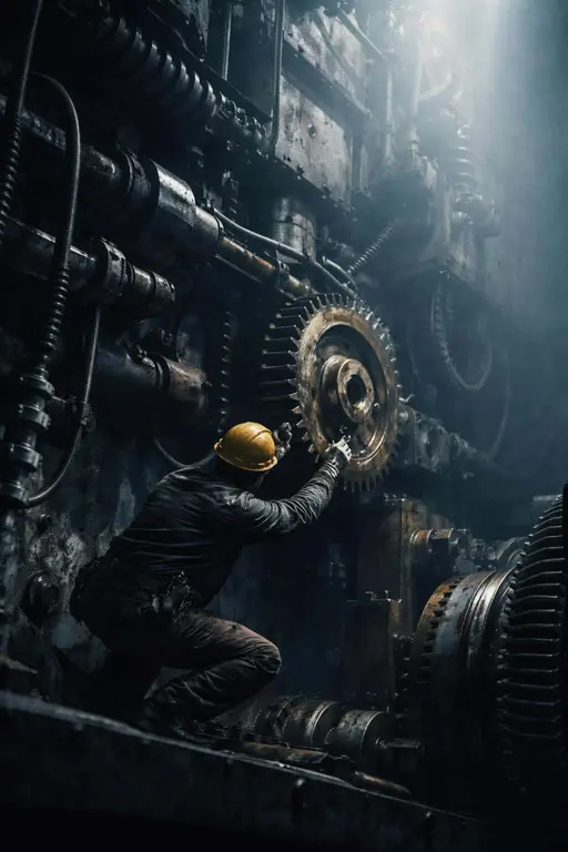 A single worker replaces a small gear inside a towering industrial machine in an editorial photography style, composed for a 2:3 poster-cover format.