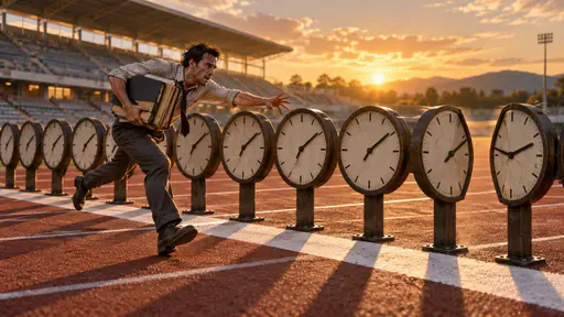 Deadline: a side three-quarter conceptual editorial photograph in warm late-afternoon light, where a row of small analog clocks stands as a solid barrier exactly across a racetrack's white finish stripe and an exhausted worker carrying folders runs toward the narrowing gap as it closes.