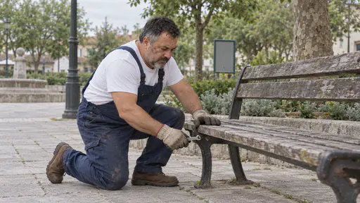 A stocky man with a round face and short grey beard in dark blue overalls and work gloves kneels beside a weathered wooden park bench in a plaza tightening a bolt with a spanner while steadying the bench with his other hand in flat midday light.