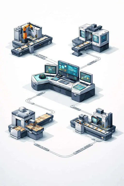 Workflow steps visualized as five physical factory stations in a clean isometric vector illustration for an infographic or poster, composed for a 2:3 vertical layout.