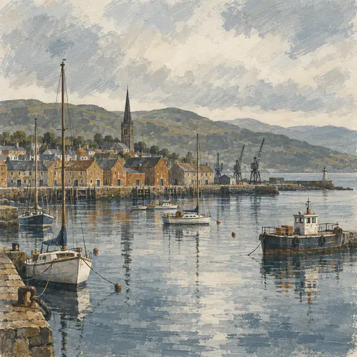 A working harbor has moored sailboats and a small ferry before a crescent waterfront of low stone warehouses with a slender church spire, cranes and a breakwater in dry brush.