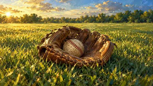 A single well worn leather baseball glove with creased brown leather and laces lies in the middle of a sunny green field of grass with a baseball in the pocket.