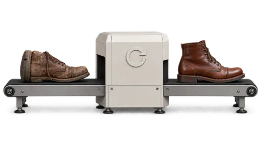 Reboot: a battered leather boot lies on a conveyor that carries it into a small off-white desktop machine; the same boot emerges restored and polished on the other side, with one circular restart-arrow symbol on the machine, studio product shot on transparency.