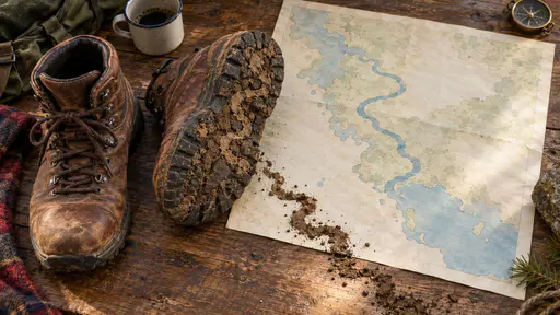 Top-down still life of worn clay brown walking shoes beside a cream paper map with a faded blue winding river, one tilted shoe showing a mud-caked sole and a thin mud trail running off the sheet edge.