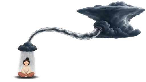 Worry borrows tomorrow's rain. A surreal editorial illustration of a calm seated figure under a tiny personal rain cloud; a transparent tube siphons dark vapor from a large distant storm cloud into the small cloud, so imagined future trouble rains only on the present moment.