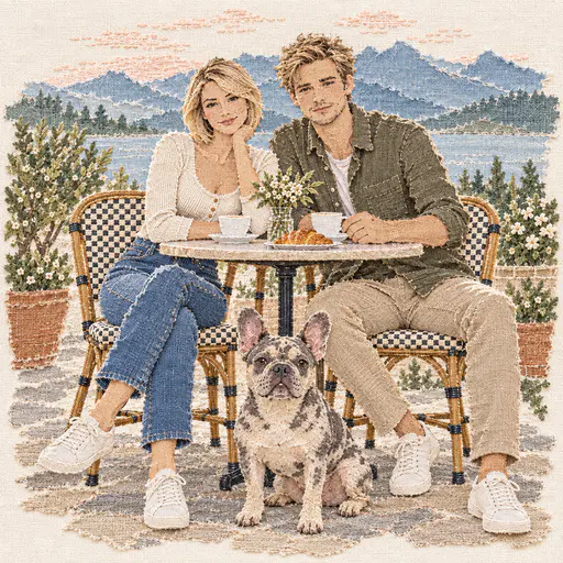 Fabric-collage style couple with French bulldog at a bistro table, patchwork mountains and lake behind, on woven linen