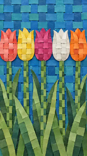 Five tulips woven from crossing paper strips on tall stems with long green strip leaves, against a woven blue and teal ground.
