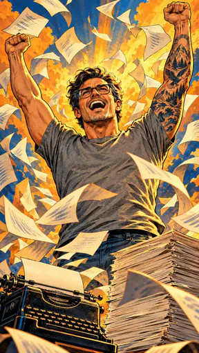 A man in his forties with glasses and a tattooed forearm in a grey t-shirt flings his arms up as manuscript pages burst in a spiral around him beside a typewriter and a stack of pages.