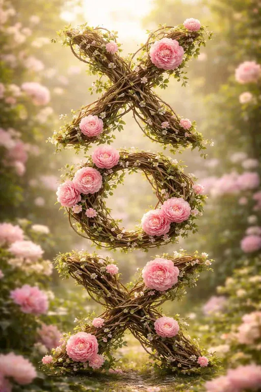 Vertical 2:3 botanical scene of XOXO formed from intertwined woody vines and blossoming pink peonies against a soft-focus garden background.