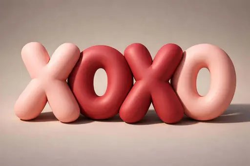 Wide 3:2 render of matte rubber balloons shaped into 'XOXO' in alternating blush pink and deep crimson, closely grouped with warm directional light and soft shadows.